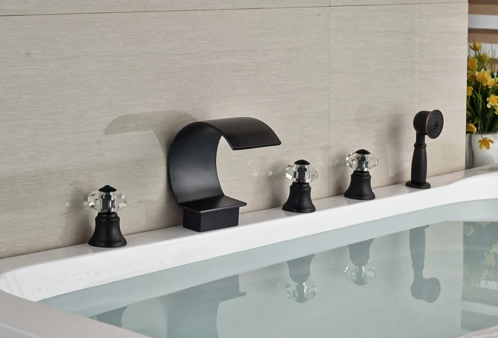 

Oil Rubbed Bronze Deck Mounted Thin Spout Bathroom Tub Faucet Hand Shower Sprayer Deck Mounted Mixer Tap