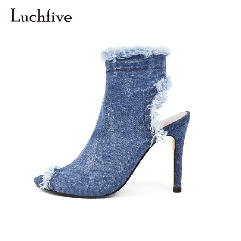 

Luchfive Spring Autumn Fashion Cowboy Short Ankle Boots Fish Mouth High Heels Slingbacks Female Diem jean Cool Boots