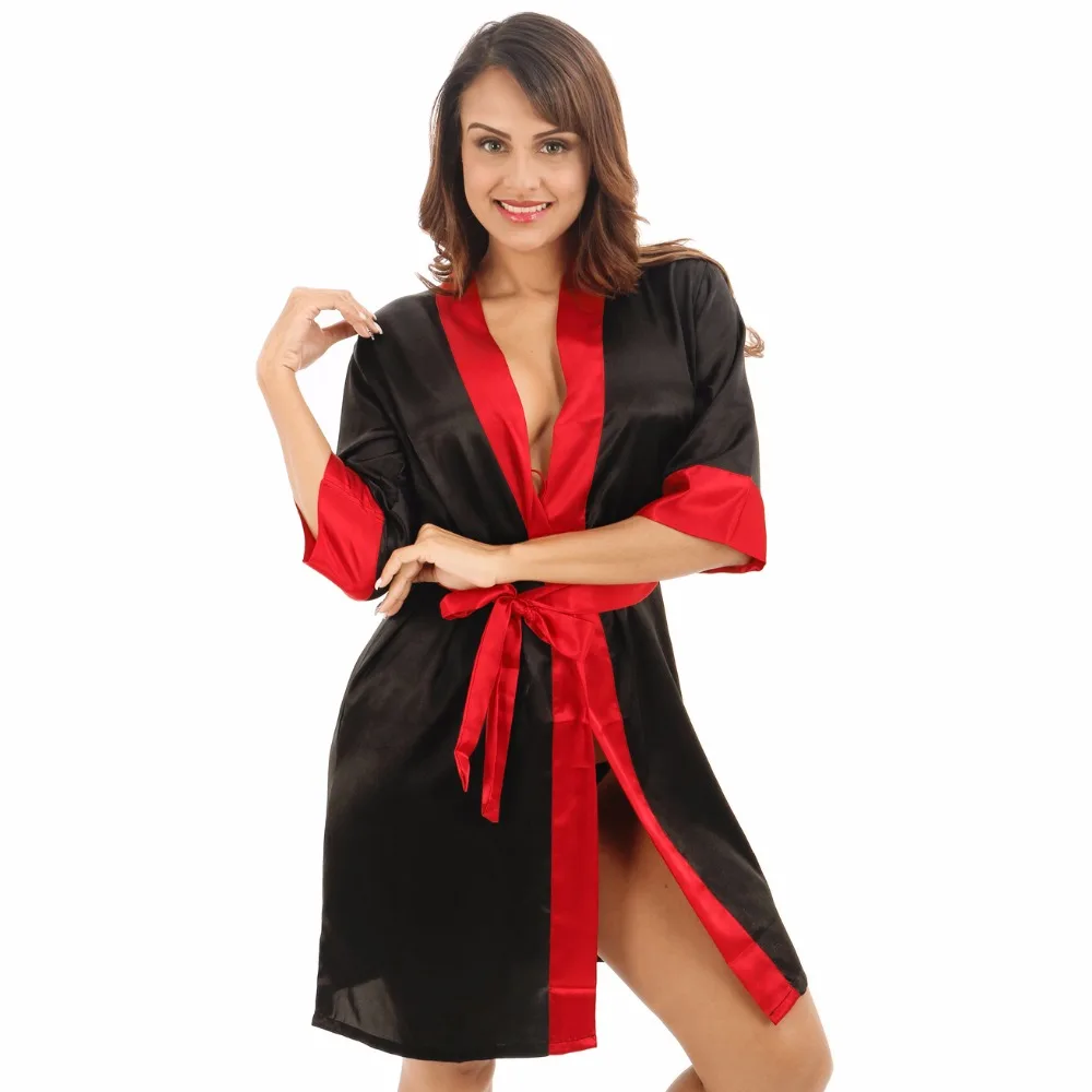 Sexy Black Women's Short Satin Robe Red Collar Bathrobe Kimono Yukata