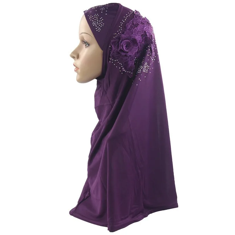 Мусульманский женский хиджаб исламский шарф женский цельный Амира Кепка полное покрытие головной убор с одной красавицей цветок и бриллиант - Цвет: Purple