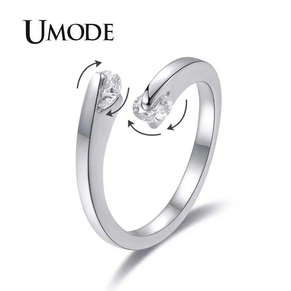 

UMODE Ladies Rotating Round Zircon Wedding Ring Silver Moved Open Adjustable Finger Rings for Women Fashion Jewelry UR0503B