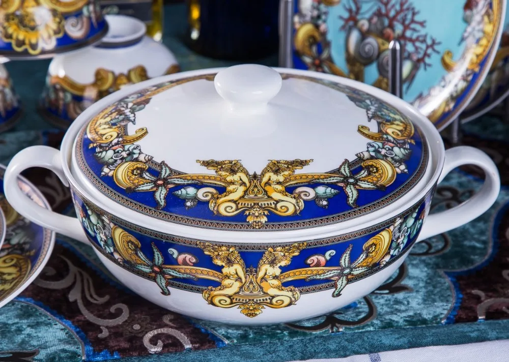 Роскошные наборы посуды в стиле голубого океана из костяного фарфора, тарелки в стиле вестерн клабхауса, высококлассные керамические Столовые приборы в форме сердца моря