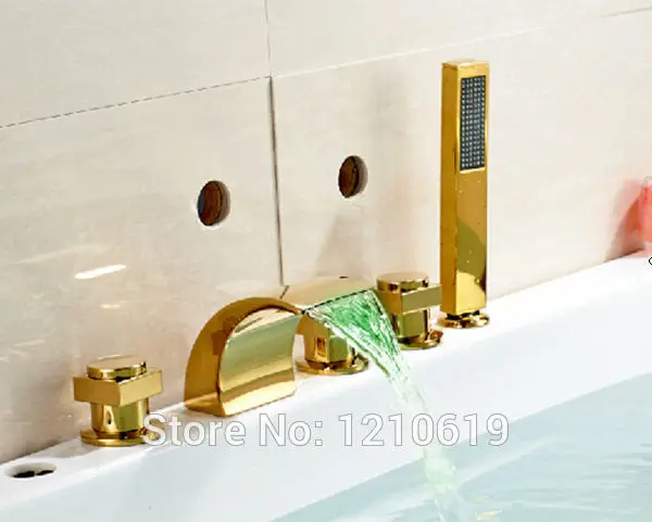 

Newly US Free Shipping LED Light 5Pcs Arc Spout Bathroom Waterfall Tub Faucet Golden Finish Shower Tap W/ Hand Shower Mixer Tap