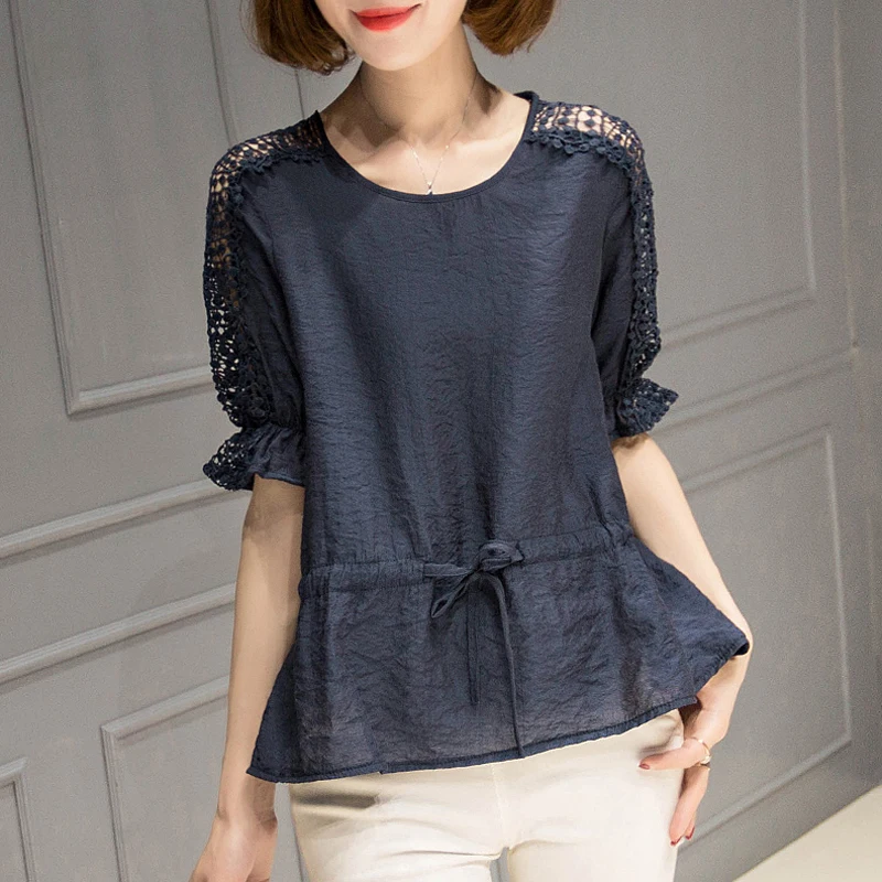 

2019 summer new Cotton and Linen T-shirts women elegant Loose Hollow Out Tops vintage Half sleeve O-Neck Tops Tees womens