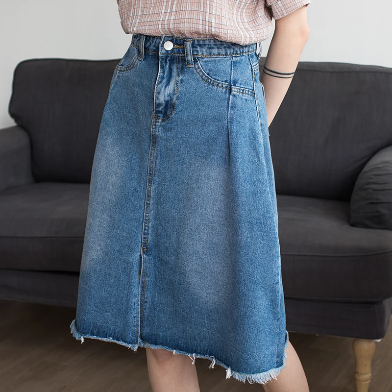 EGGKA 2018 Summer Spring High Waist Denim Skirts Women A line Knee