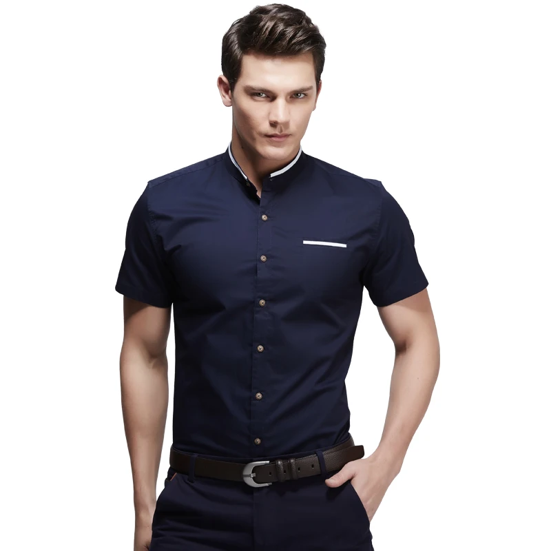 Men's Short Sleeve Solid Shirts Casual Mandarin Collar Slim Fit ...