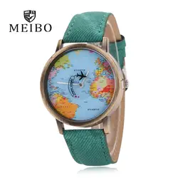 MEIBO модный бренд женское платье часы Повседневное Глобальный часы для мужчин путешествия на самолете Map джинсовой ткани relojes hombre 2017