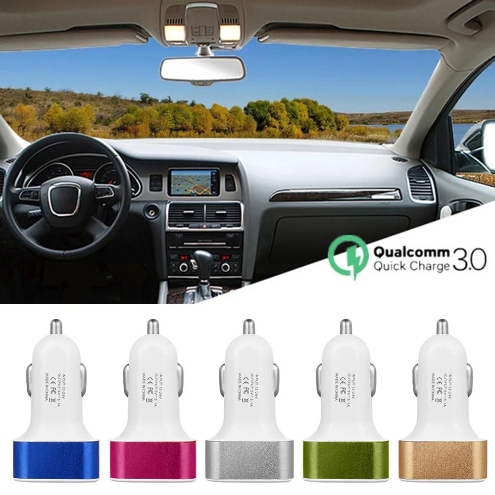 

10 Colors 3 Port USB Car Charger Adapter 12-24V 5.1A Fast Charge Vehicle Charger For iPhone and ipad Table GPS Power bank