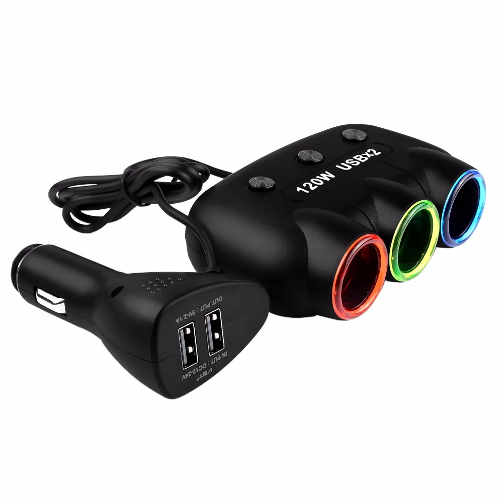 

12V-24V 5V/2.1A 120W Multi Socket Auto Car Cigarette Lighter Splitter USB Power Adapter Charger with Switch Charger for iPhone