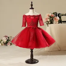 Милые красные пышные платья из тюля для девочек; элегантные платья для первого причастия с открытыми плечами для детей; Платья с цветочным узором для девочек на выпускной
