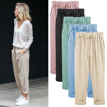 

M-6XL Plus Size Women Pants Linen Cotton Casual Harem Pants Candy Color Harajuku Green Trousers Female Ankle-length Length Pants