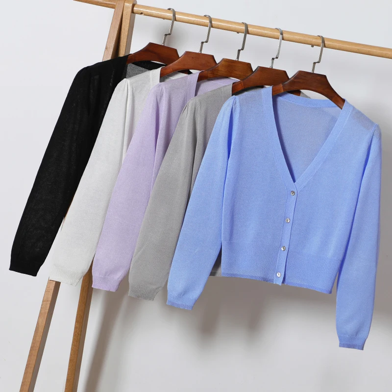 

Size M-4XL Summer Women Knitting Full Sleeve Short Sweaters Cardigans Coats Female Knitted Thin Cardigan Outwear for Woman