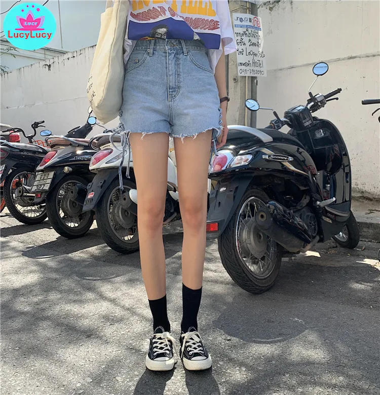 

2019 summer Korean style women's sexy wild slim long leg straps jeans shorts streetwear Light Button Fly Wide Leg Pants