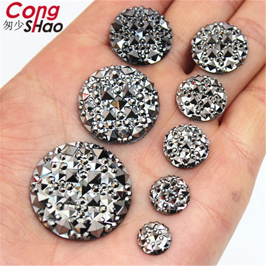 

Cong Shao 12/14/16/18/20/25/30mm Gun Black Round flatback Resin Rhinestone stones and crystals Costume Button Accessories WC550