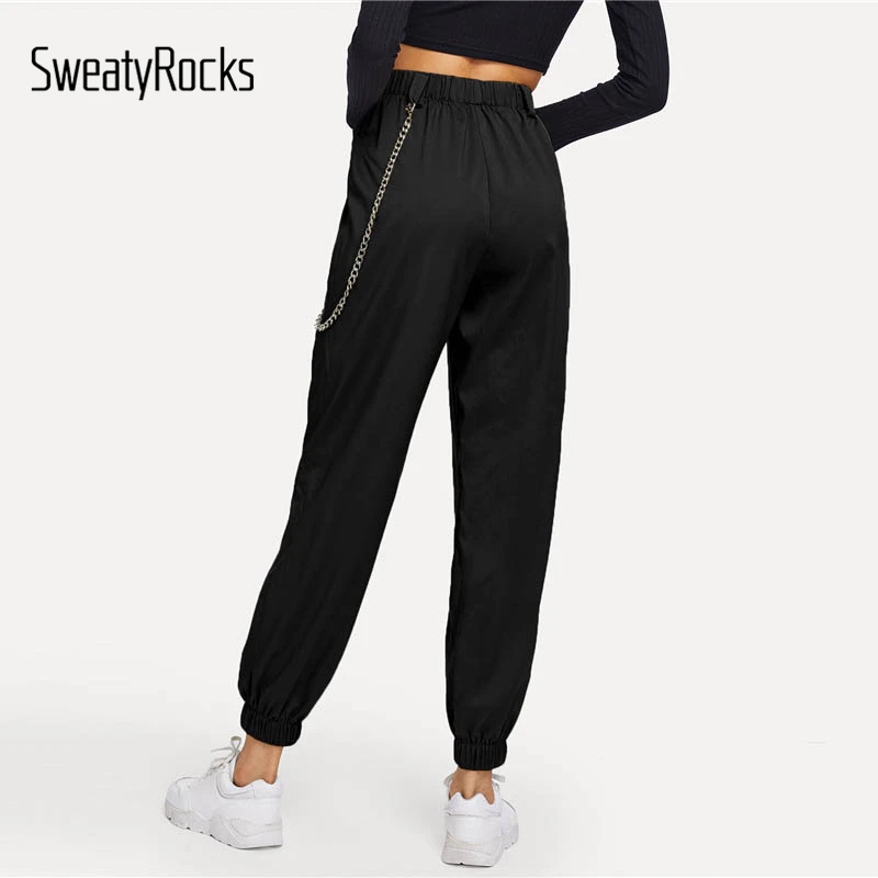 SweatyRocks, черные штаны с цепочкой, эластичная резинка на талии, свободные женские спортивные штаны со средней талией, Осенние повседневные зауженные штаны