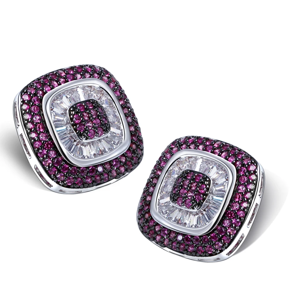 

New Square Shape Silver Pin Earrings High Quality AAA Cubic Zirconia Studs Earrings Fuchsia Blue Green Women Fashion Jewelry