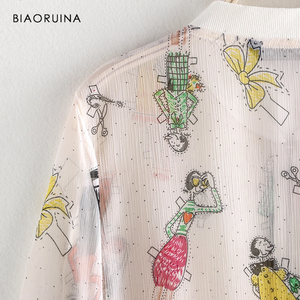 BIAORUINA, женская, с мультяшным принтом, солнцезащитная, тонкая, шифоновая куртка, пальто, со стоячим воротником, женская, свободная, прямая, модная куртка, верхняя одежда