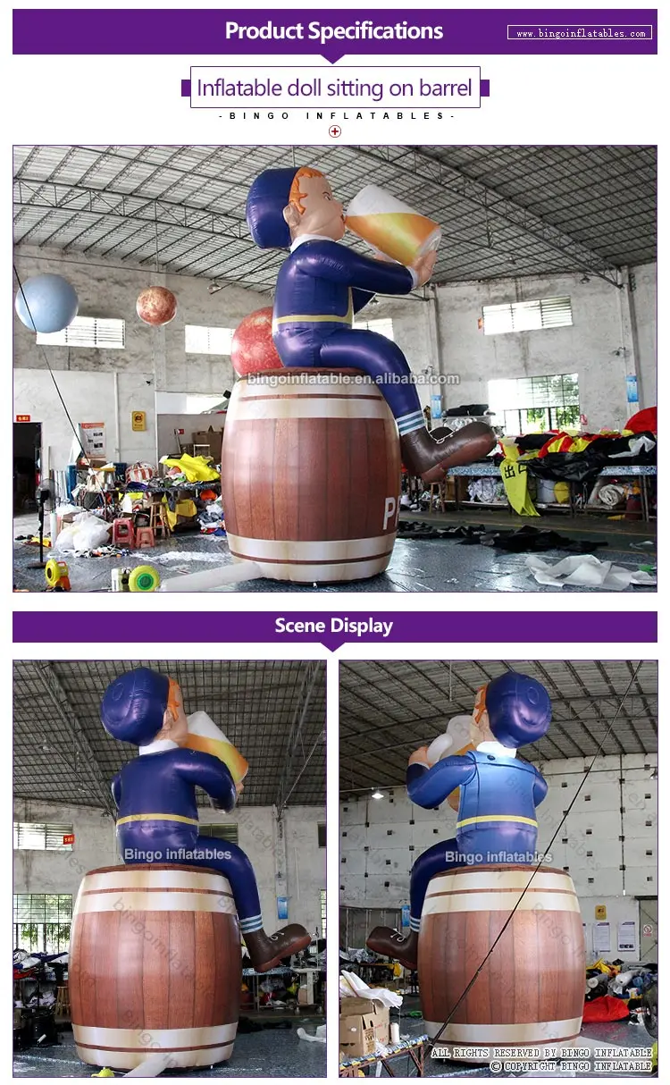 17 feet high LED inflatable barrel with mascot / 5.2m lighting inflatable beer barrel for decoration-toys
