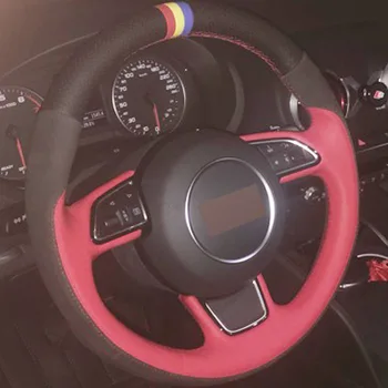 

Puou Black Red Genuine Leather Black Suede DIY Hand-stitched Car Steering Wheel Cover for Audi A1 A3 A5 A7 Free shipping