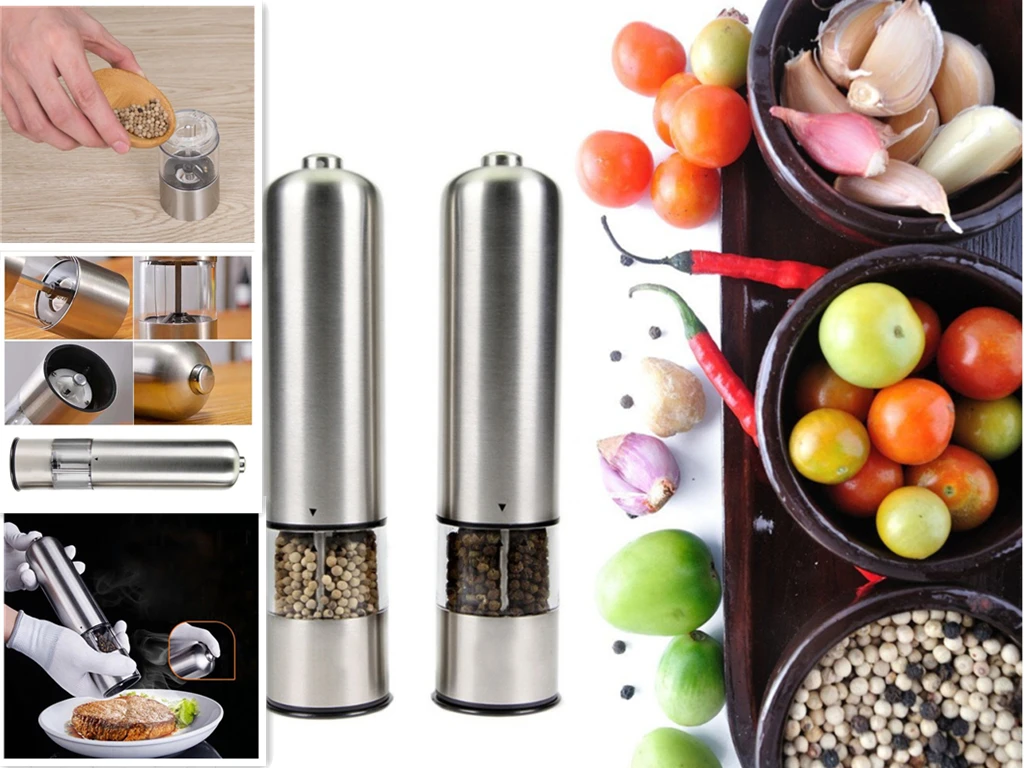 

Stainless Steel Electric Pepper Grinder Salt Mill With LED Light Free Kitchen Seasoning Grinding Tool Automatic Grinder Muller