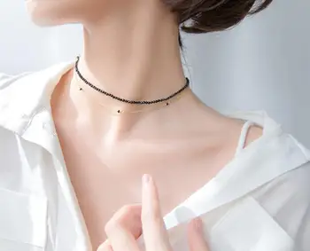 

2mm 100%REAL. 925 Sterling Silver Jewelry Double Rows Black spinel stone Choker short Necklace with Golden Rolo chain GTLx1669