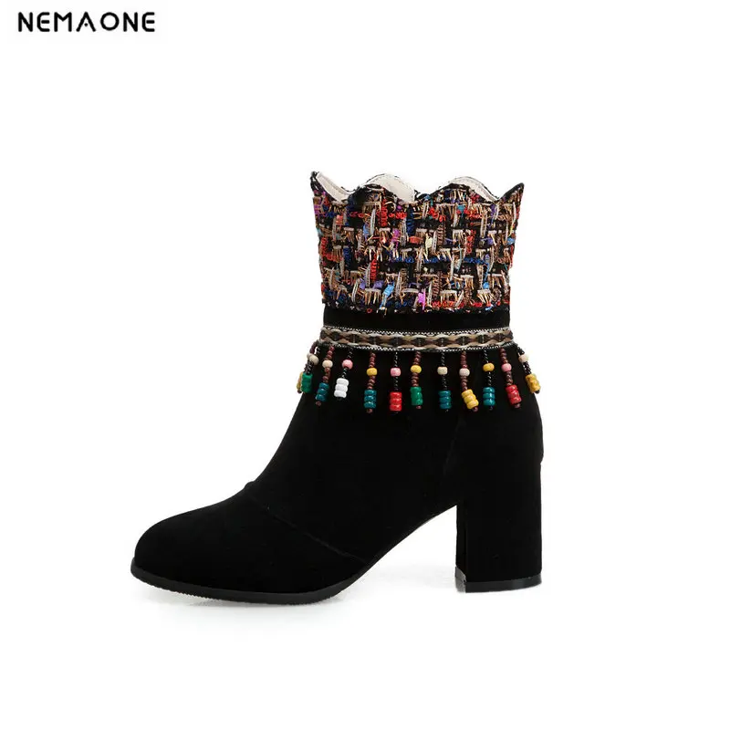 

NEMAONE Women Ankle Boots High Heel mixed colors ladies shoes Women fringe party dress spring autumn boots Size 34-43