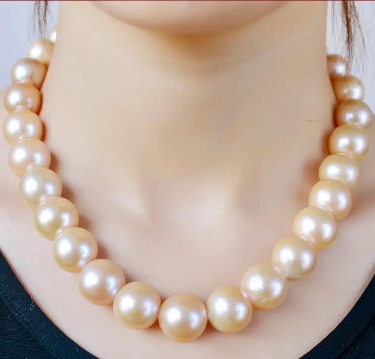 

AAA 12-13mm Genuine Natural freshwater Gold Pink Pearl Necklace 18 " 14 K gold