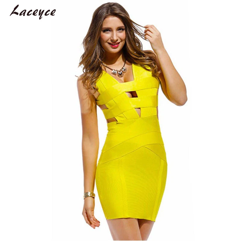 Laceyce 2018 Chic летнее платье Модные женские розовый желтый без рукавов выдалбливают