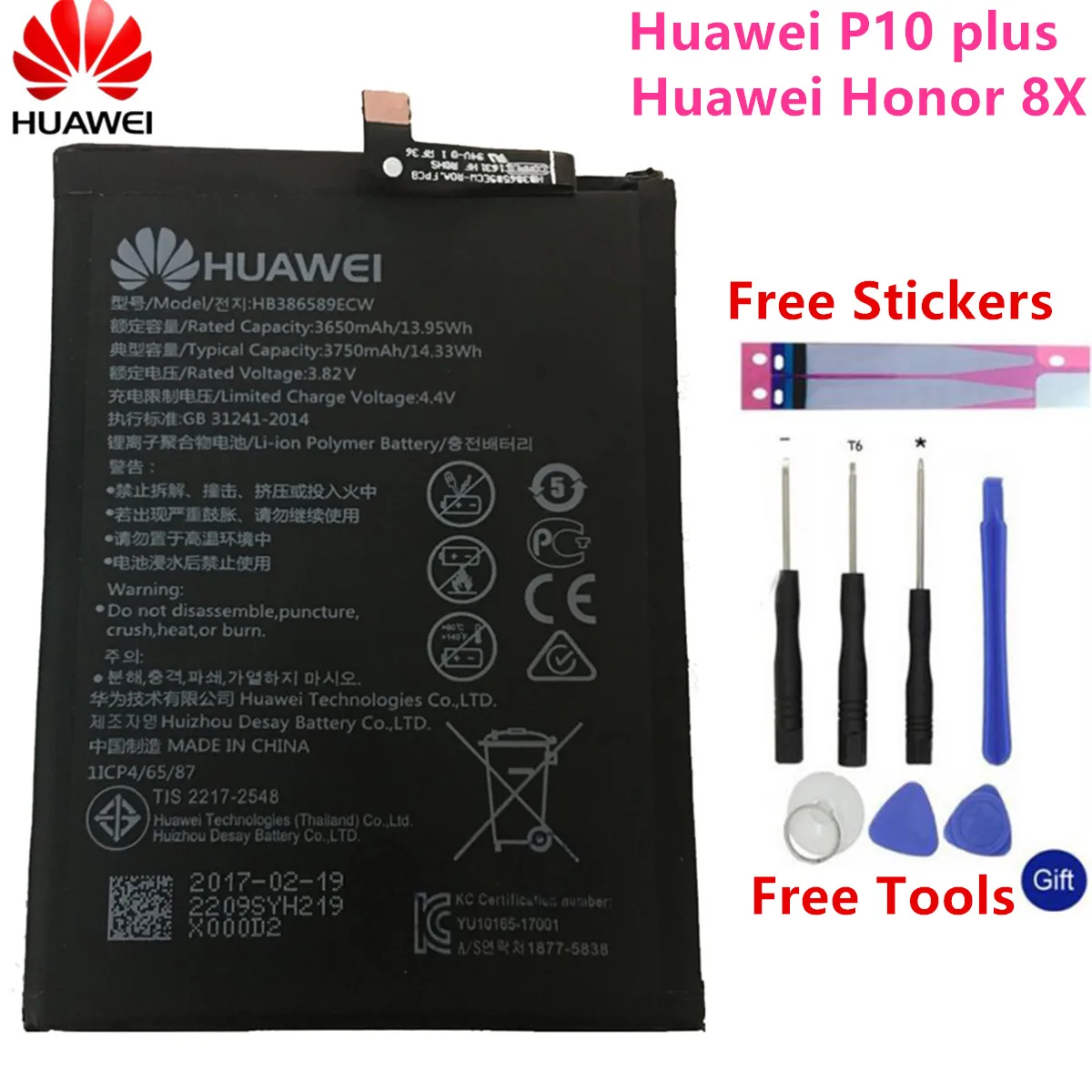 

Hua Wei Original 3750mAh HB386589ECW Battery For Huawei P10 plus Honor 8X View 10 V10 BKL-L09 BKL-AL20 BKL-AL00 Batteries +Tools