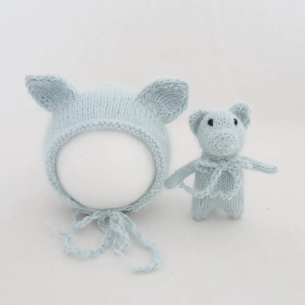 

Newborn Fluffly Hat Toy Set Knitted Stuffer Pig Toy Bonnet Crochet Fuzzy hat Baby Cute Animal Doll Nerwborn Photography Prop