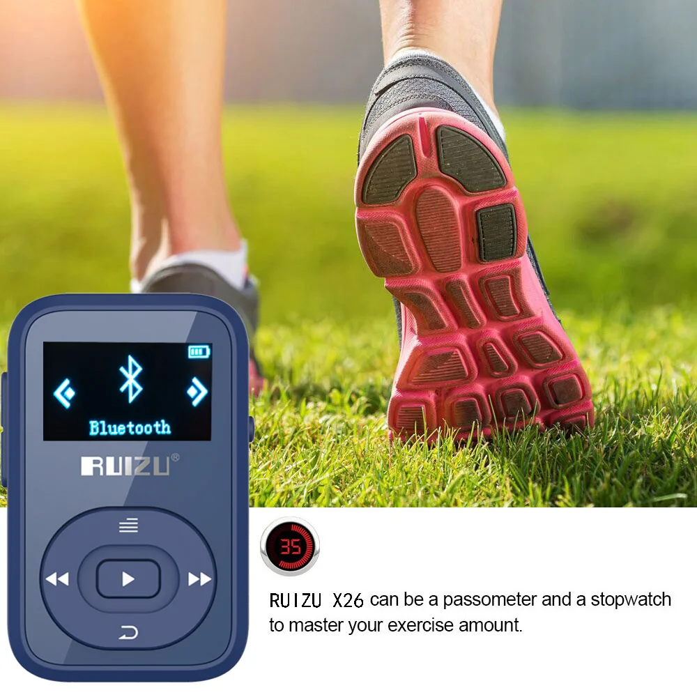 New Arrival Original RUIZU X26 Sport Bluetooth MP3 Player 8gb Clip Mini with Screen Support FM,Recording,E-Book,Clock,Pedometer