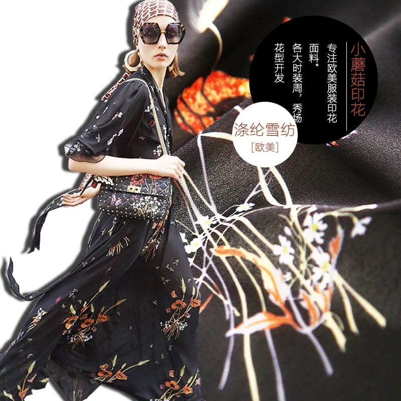 

New chiffon beads printed polyester chiffon fabric advanced digital printing fashion black dress shirt African clothing cloth