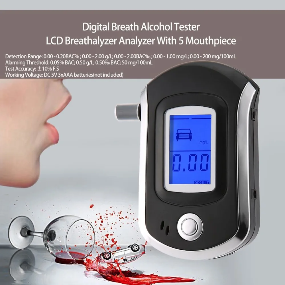 AT6000 цифровой дыхательный алкогольный тестер ЖК-дисплей анализатор Алкотестер с 5 мундштук Высокая чувствительность Профессиональный быстрый ответ
