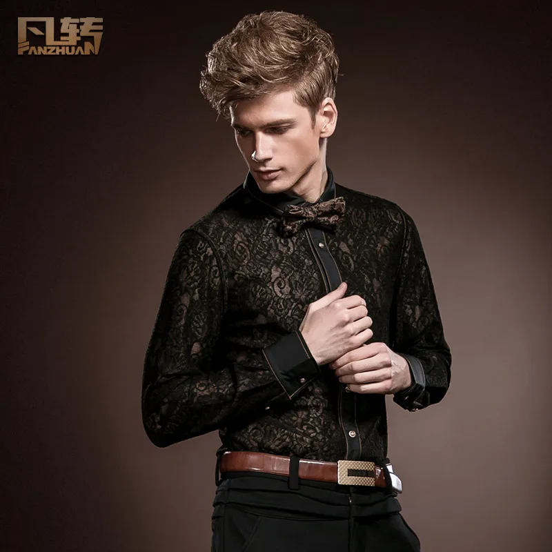 FANZHUAN Featured Brands Clothing Fall Long Sleeve Black Lace Shirt Men'S Wedding Banquet Nightclub Dress Perspective