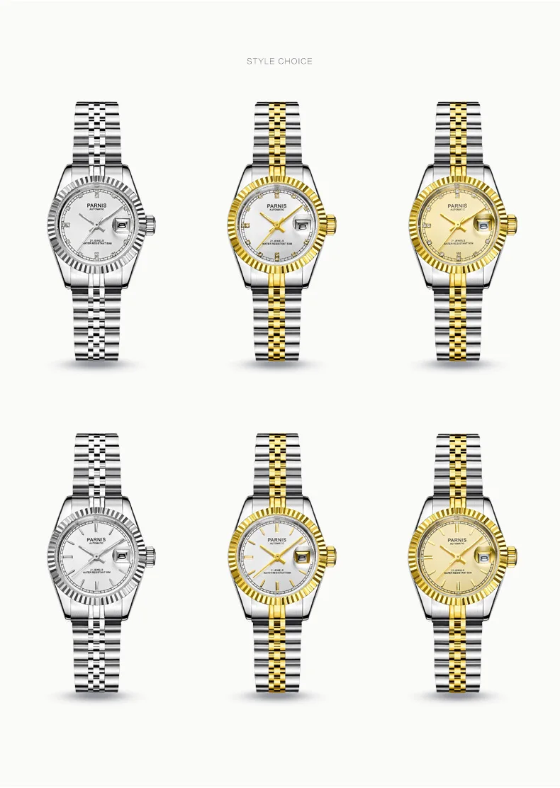Parnis мужские часы Роскошные брендовые золотые автоматические часы для мужчин и женщин элегантные часы с бриллиантами и нержавеющим браслетом PA2112
