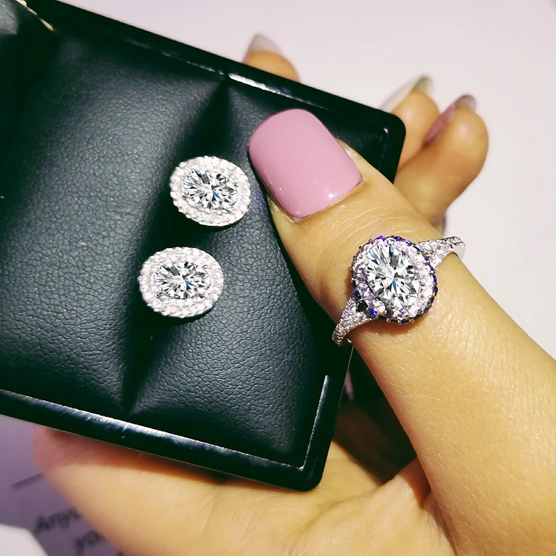 

925 Sterling Silver Jewelry set halo Engagement ring round stud earring for Wedding christmas Valentine's Day gift party J4943