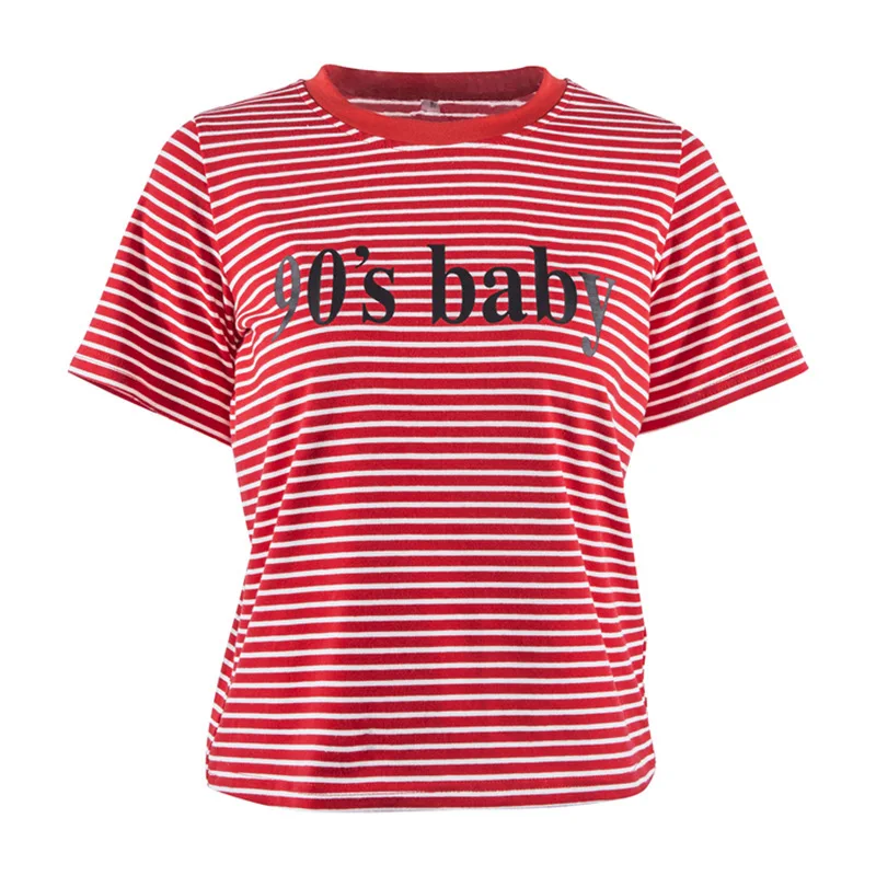 Женская Повседневная укороченная футболка с буквенным принтом Tumblr, красная полосатая хлопковая футболка, мода, летняя женская Свободная Милая футболка - Цвет: Красный
