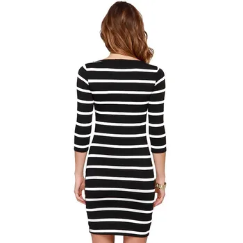 

Summer Women Sexy Dresses Three Quarter Sleeves Striped O Neck Splice Color Lady Casual Slim Dress New