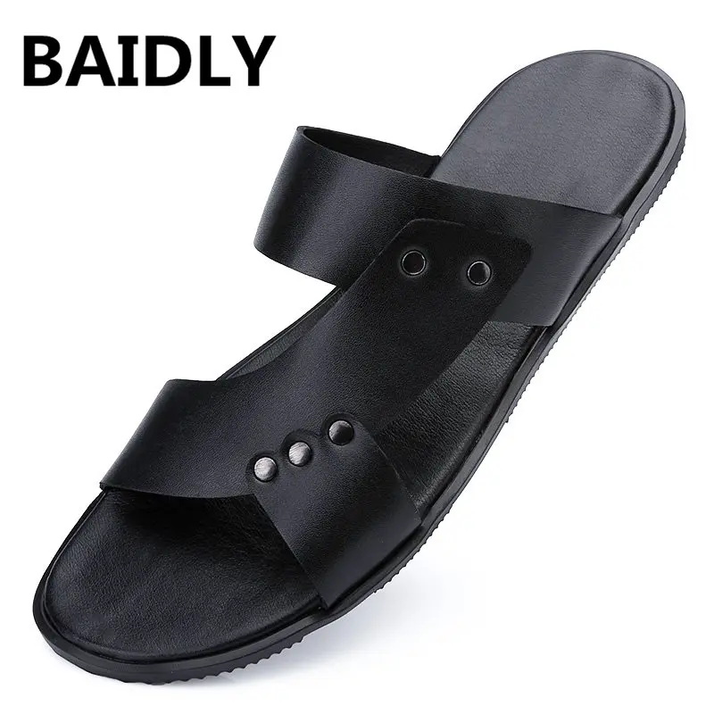 

BAIDLY Genuine Leather Sandals Fashion Summer Beach Shoes Flip Flops Men Slipper Breathable Casual Shoes Men