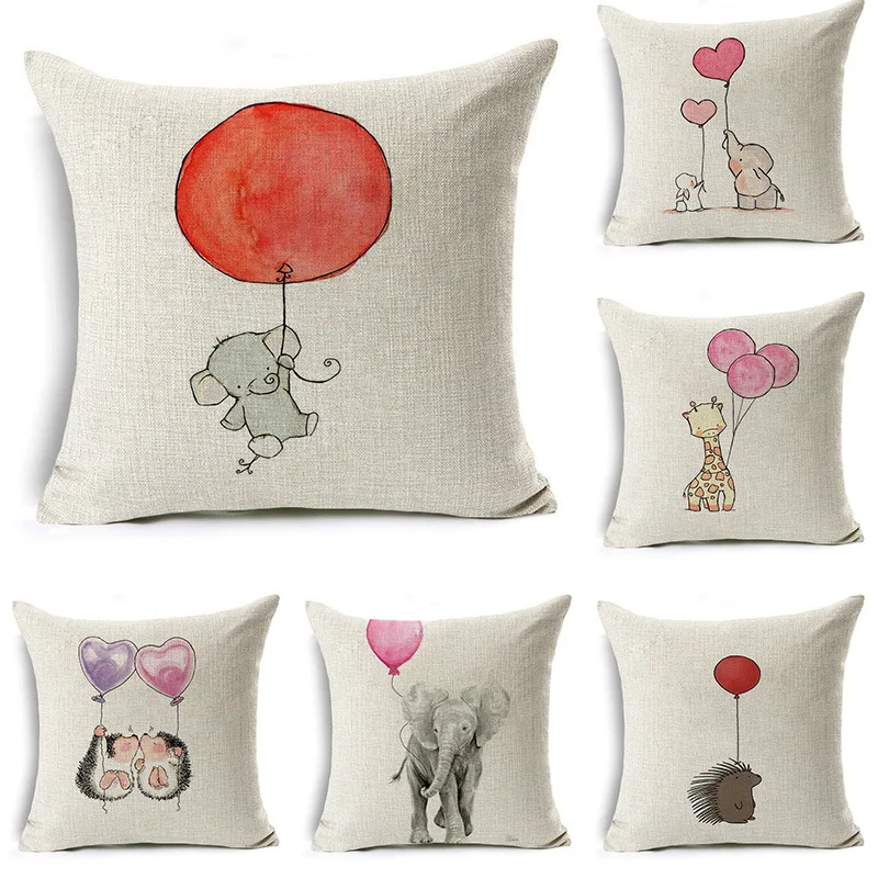

45x45cm Cartoon Animals Balloon Cushion Covers Flax Sofa Car Waist Pillow Case Elephant Hedgehog Giraffe Pattern Pillow Covers