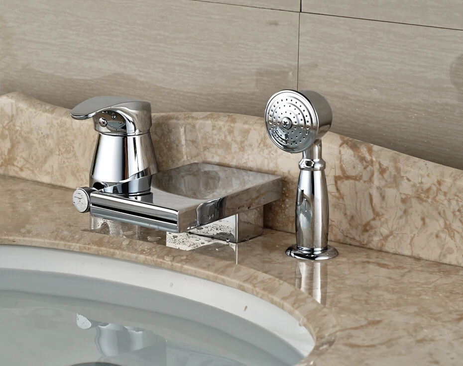 

Luxury 3PCS Bathroom Basin Deck Mounted Sink Faucet Waterfall Mixer tap With Hand Shower Chrome Finished