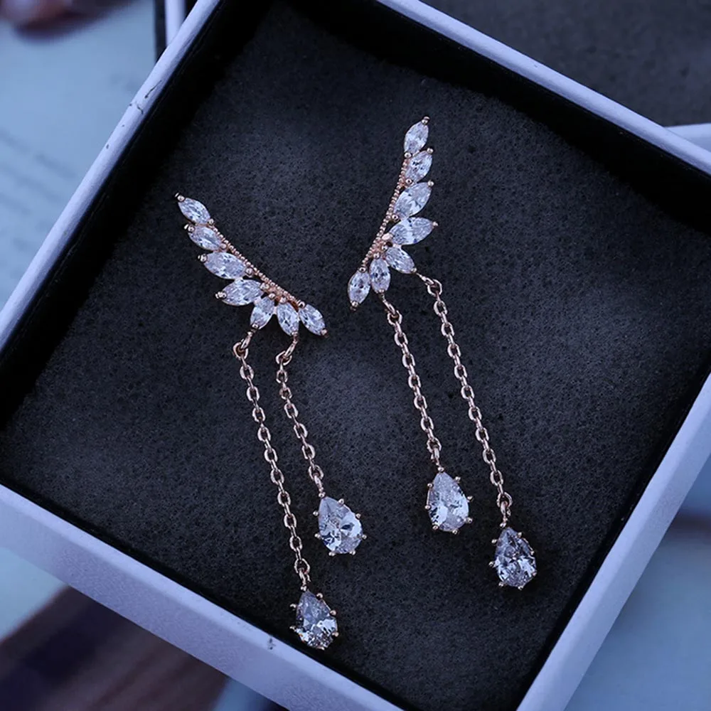 1 Pair New Fashion Angel Wings Zircon Long Tassel Stud Earrings Women