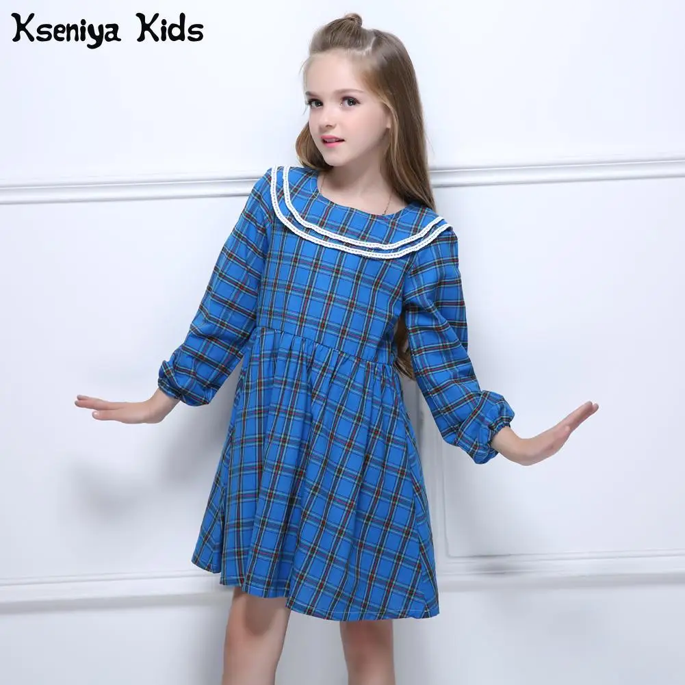 Kseniya Kids/осень-зима; детское платье для маленьких девочек в синюю клетку в английском стиле; милое повседневное хлопковое платье; платья с длинными рукавами для девочек