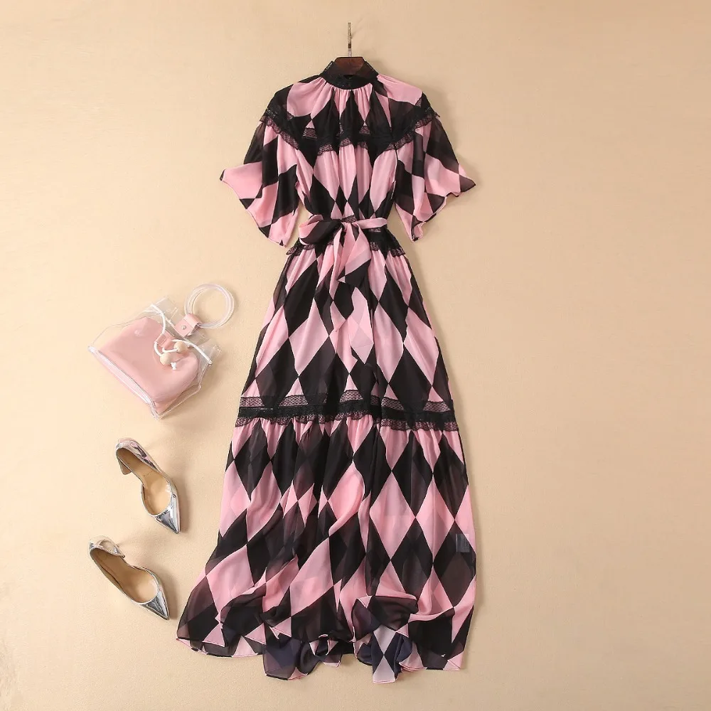 Летнее дизайнерское платье для подиума, женское платье для отпуска, в богемном стиле, с коротким рукавом, розовое клетчатое Плиссированное шифоновое макси платье Vestidos