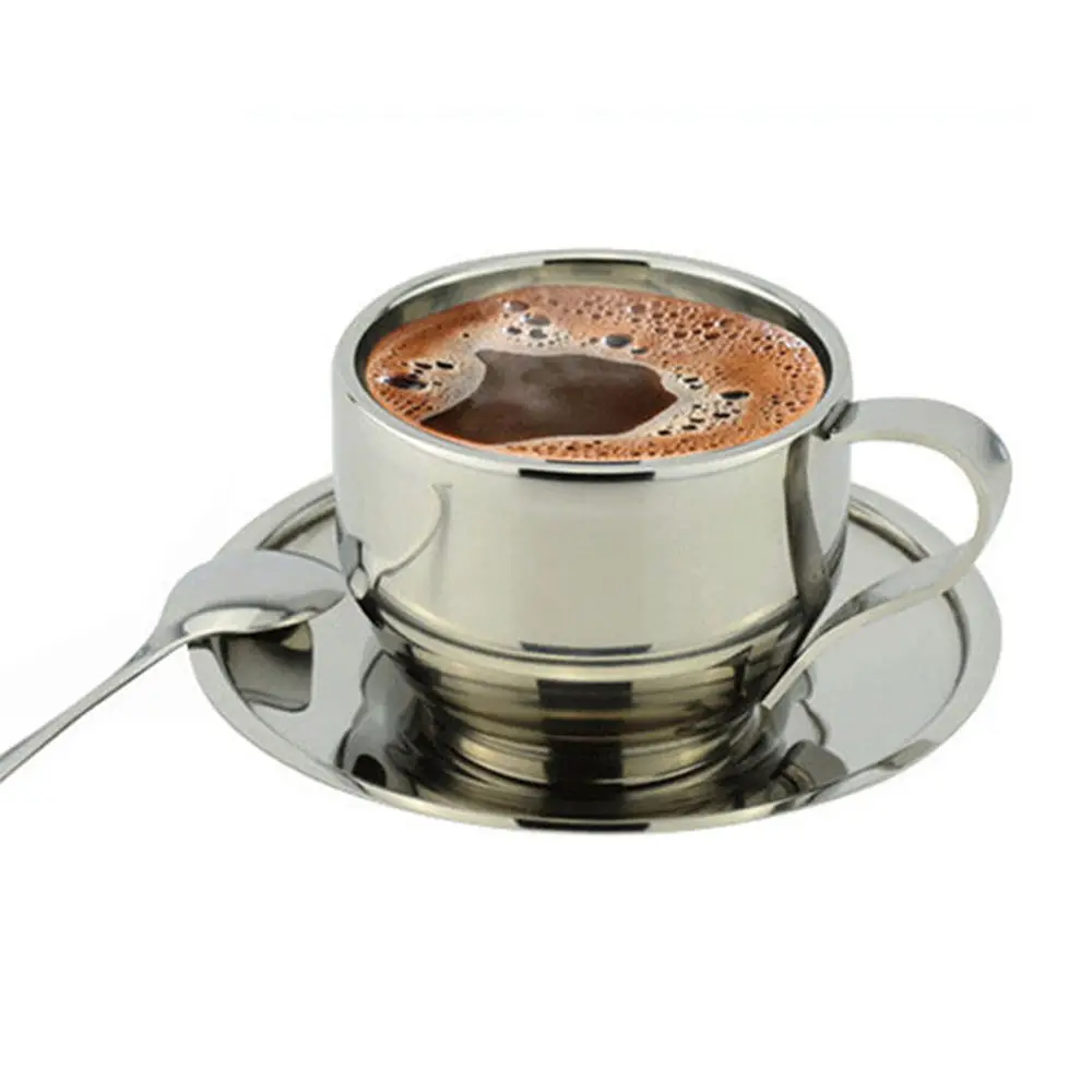 Горячее предложение, Новая двухслойная кофейная чашка из нержавеющей стали, наборы, чашка для молока, кофе, кружки, ложка, поднос, высокое качество