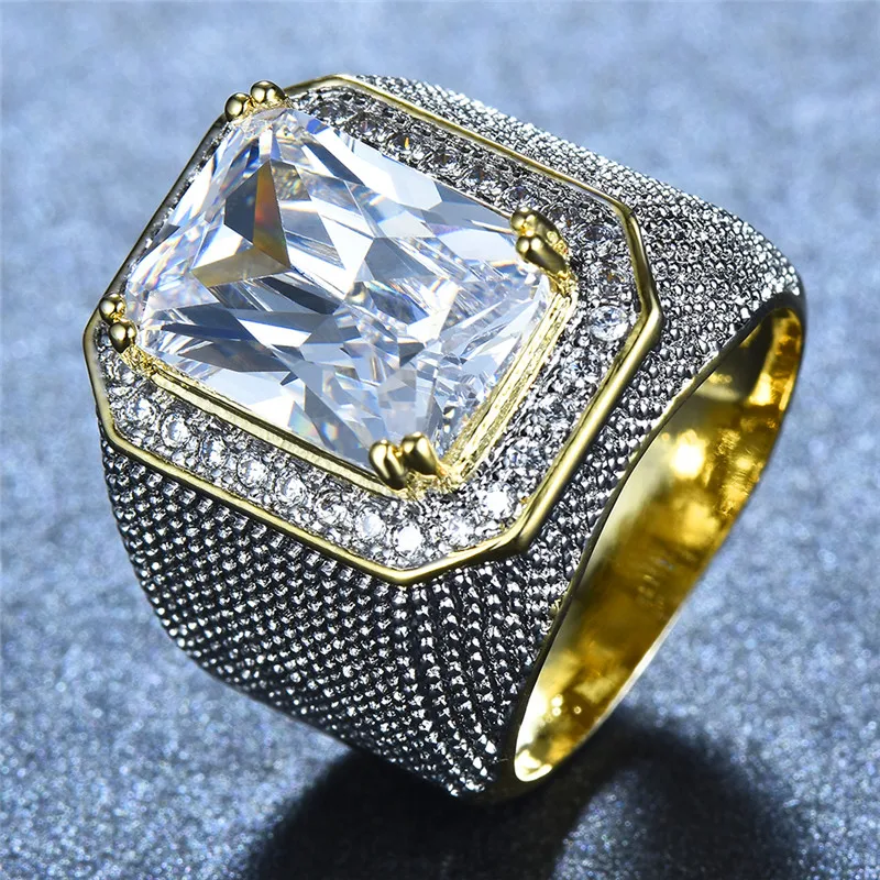 

Gorgeous Big Male Female Pink Yellow Blue White Ring Crystal Zircon Stone Gold Engagement Ring Men Women Large Wedding Rings