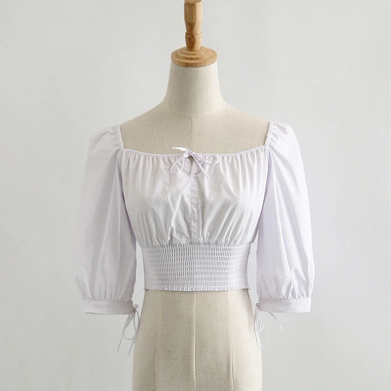 

2019 summer Women Frill Trim Lace Up Bardot Crop Top Women Puff Sleeve Ruched Wide Waist Crop Top