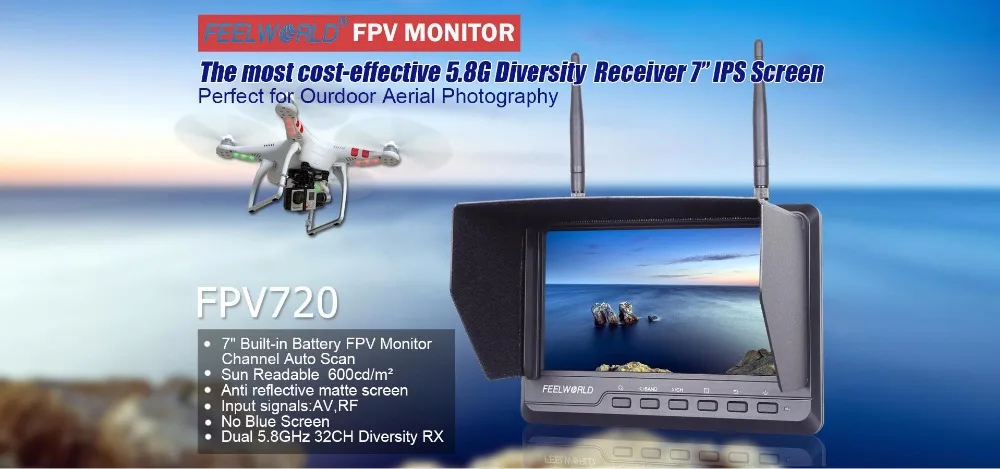 FPV720 7 дюйм, монитор 1024x600 ips Dual 5,8G 32CH многоразовый приемник Feelworld lcd монитор 7 дюймов беспроводные беспилотные дроны