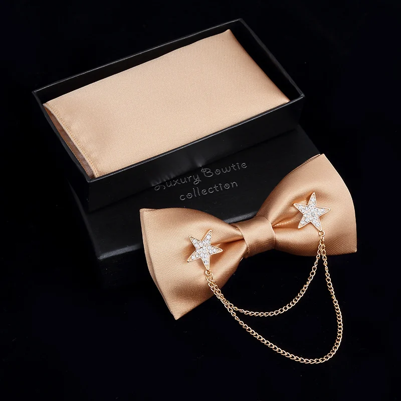 JEMYGINS металлический двухслойный галстук-бабочка с золотой звездой, модный мужской галстук-бабочка с регулируемым карманом и квадратной коробкой - Цвет: Champagne