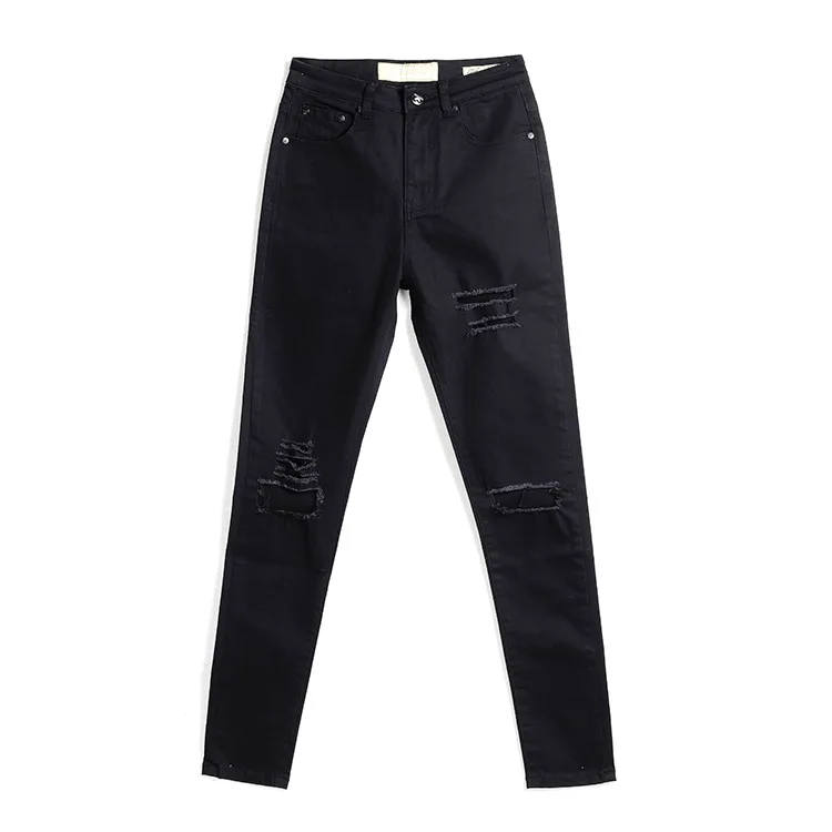

2017 Ripped Jeans For Women Europe Style Street Beggars Hole High Waisted Jeans Washing Slim Pure Black Pants 0.35kg